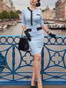 Womens 2/3 Sleeve Elegant Front Button Work Office Knee Length Colorblock Business Casual Vintage Party Bodycon Sheath Dress