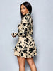 Autumn High Neck Floral Leaf Print Long Sleeve Women's Dress Waist Cinching Mini A-Line Skirt Casual Elegant Style
