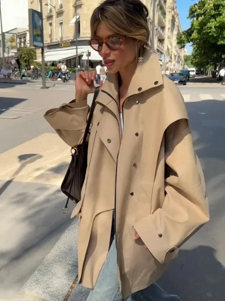 Beige Belted Long Outerwears Women Stand Up Collar Long Sleeve Loose Coat Autumn Streetwear Office Lady Tops