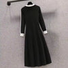 Women Autumn Midi Dresses Black Vintage Simple Y2K V-neck Korean Preppy Style Elastic Long Sleeved A-Line Sports Dress