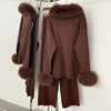 Sweater Real Fox Fur Collar Autumn Winter Clothing Women Sweater Suit Female Raccoon Fur Pullovers Trousers Set Lady