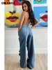 Women Vintage Cutout Hollow Out Criss Cross Straight Denim Pants High Waist Wide Leg Jeans Trousers
