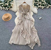 Women's French-Style Dress for Autumn - Ruffled, Pleated, Ruched, Asymmetrical with Tie Waist, Elegant Design