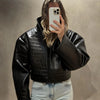 Croc Embossed Cropped Faux Leather Jacket High Stand Collar Long Sleeve Oversized Women Jackets Autumn Chic Coats
