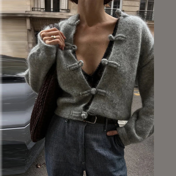 Fuzzy Frog Button Women's Knit Cardigan Long Sleeve Loose Cropped Cardigan Solid Relaxed Knit Top Daily Jackets