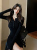 Autumn Winter Mini Dress Women V Neck Button Sexy Sweater Elegant Bodycon Dresses Long Sleeve Robe Short Skirt Waist Solid