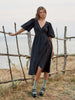 100% Cotton V-neck Waist Cinched Dress Unique Lantern Sleeve Sexy Slit Long Skirt Women's Casual Dresses