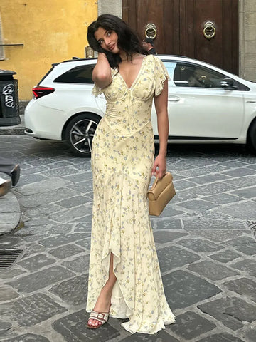 Floral Print Lace Trim Flutter Sleeve Maxi Dress Deep V-Neck High-Low Chiffon Summer Chic Romantic Women Feminine Gown
