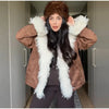 Elegant Solid Faux Fur Spliced Coat Women Lapel Long Sleeve Tassel Plush Outerwear Fall Winter Warm Streetwear