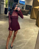 Sexy Women's Burgundy Mini Dress Turtleneck Transparent Long Sleeve A-line Short Dresses Evening Party Prom Cocktai