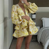 Stylish And Elegant Flower Print Women's Mini Dress Chic V-neck Puff Long Sleeve Double Layer Ruffle Mini Dress Autumn