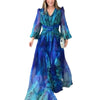 Women Dresses Long Sleeve Sexy V Neck Dress Hollow Print Dress High Waist Vestidos Ruffle Ankle Length Sight Strech Autumn