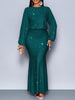 Shiny Women's Dress Spring Autumn O-neck Long Sleeve Slim Hips Banquet Long Dress Female Pleated Party Fishtail Dresses