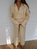 Satin Pants 2 Piece Matching Suit Women Casual Full Sleeve Lapel V-neck High Waist Wide Leg Long Pant Set Lady Office Daily Wear