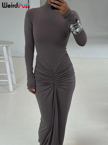 Ruched Simple Dress Women Autumn Full Sleeve o-Neck Skinny Stretch Basic Classic Hipster Bodycon Vestidos