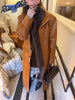 Embossed Faux Leather Trench Coats Women Chic Lapel Single Breasted Straight Long Front Pockets Jackets Vintage Autumn Winter