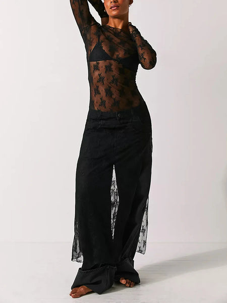Women’s See-Through Lace Dress Long Sleeve Slit Hem Dress Chemise Vacation sexy robe nightclub girls tight clothes
