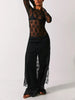 Women’s See-Through Lace Dress Long Sleeve Slit Hem Dress Chemise Vacation sexy robe nightclub girls tight clothes