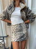 Retro Spotted Fur Short Skirts Sets Women Chic Full Sleeves Jacket Zipper Half Body Skirt Faux Fur Loose Suits Daily Wear Lady