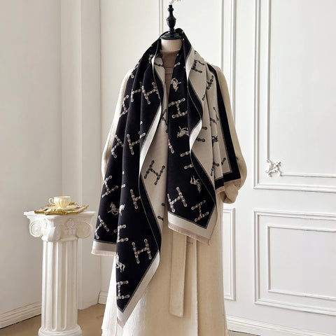 Brand Women's Cashmere Winter Shawl - Vintage Floral Printed Oil Painting Style Pashmina Thick Wrap & Poncho