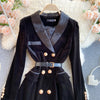 Autumn Winter British Style Double breasted Slim Velvet Dress Femme Vintage Elegant Solid Color Lapel Collar Vestido