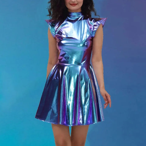 Women Metallic Shiny Dress Holographic Solid Color Turtleneck Pleated Dress Carnival Costume Gold Silver Rave Dress Outfits
