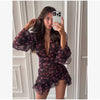 Women Chic Floral Print Deep V Neck Long Sleeved Waist Cinching Dress Layered Ruffle Hem Mini Dresses Elegant Party Daily Robes