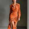 Spring Retro Imitation Suede Tassels Party Dress Woman Sexy Lapel Draped Irregular Dress Autumn Long Sleeve Slim Mini Dress