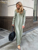 Casual Black Satin Women'S Dress O-Neck Long Sleeve Ankle Length Dresses Elegant Classic Solid Female Dress