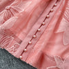 Women Elegant Floral Emboridery Dress Hollow Out Long Sleeve Single Breasted Belt French Court Chic Short A Line Dress