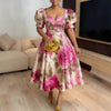 Women's Floral Print Plus Size Midi Dress Sweetheart Neck Puff Sleeve A-Line Elegant Party Cocktail Vitnage Evening Dresses