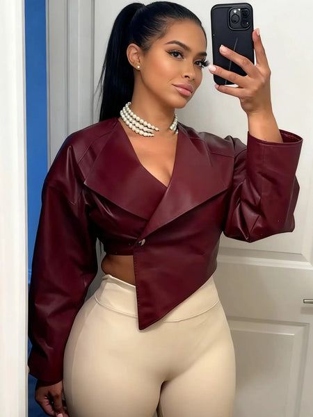Faux Leather Single Button Crop Jacket Women Autumn Cross Neck Full Sleeve Wild Style Classic Streetwear Coat