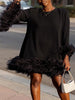 Women's Mini Dress Feather Hem Cocktail Evening Party Elegant Dress Spring Round Neck Solid Y2K Straigth Loose Dress