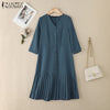 Women's Pleated Midi Dress Elegant V-Neck 3/4 Sleeve Button Up A-Line Dresses Office Commuting Wear Woman Clothing S-3XL