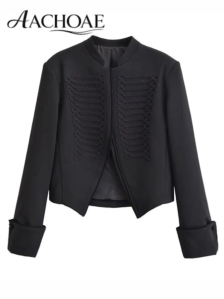Women Baroque Cropped Jacket Military Inspired Structured Shoulder Asymmetric Hem Elegant Short Blazer Jacket Outerwear