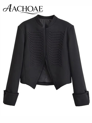 Women Baroque Cropped Jacket Military Inspired Structured Shoulder Asymmetric Hem Elegant Short Blazer Jacket Outerwear