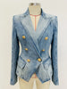 Designer Jacket Women's Slim Fitting Double Breasted Lion Buttons Denim Blazer