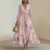 Women's Pleated Dress Spring Autumn Florat Printed Deep V-neck Long-sleeved Maxi Elegant Party Dresses For Women