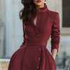 Women's High Waist Belted Stand Collar A-Line Party Dress Long Sleeves Buttoned Solid Color Evening Wedding Midi Dresses