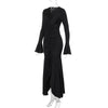 Women Elegant Ruffle Hem White Long Dress Shirring V-neck Flare Long Sleeve Dresses Evening Party Robes Vestido