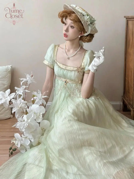 Handmade Women Green Beaded Lace Formal Dress Regency Empire Waist Lolita Gown French Elegant Party Outfit Chic Retro