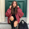 Women Stand Collar Leather Pilot Jacket Red Zipper Cropped Coat Casual Outerwear Streetwear