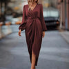 Elegant Women's Maxi Dress With Cross Neckline Folded Pleats Slit Bubble Sleeves Irregular Long Sleeves Dress Autumn