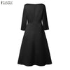 Elegant Satin Black Party Midi Dresses Women's Boatneck 3/4 Sleeve Fit and Flare A-Line Dress Wedding Guest Woman Clothes