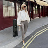 Women Pant Set Satin Lace Round Neck Puff Long Sleeve Button Front Drawstring Waist Blouse Cuffed Ruffle Hem Pants Elegant Suit
