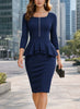 Women Vintage 2/3 Sleeve Crew Neck Zip Up Peplum Knee Length Cocktail Party Work Business Casual Sheath Bodycon Pencil Dress