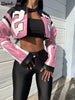 Faux Leather Varsity Jacket Women Hipster Letter Print Autumn Casual Sporty Wild Streetwear Uniform Crop Coat