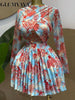 Women Print Full Sleeve O-neck Pleated Long Dress Spring Evening Elegant Romantic Vacation Party Birthday Dresses