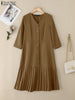 Elegant Women's Pleated Midi Dress Casual V-Neck 3/4 Sleeve Button Up A-Line Dresses Office Commuting Wear Woman Clothing