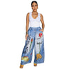 Women Fake Denim 3D floral Print Loose Wide Leg Jogger Pants Streetwear Active Hip Hop Sweatpants Trousers
